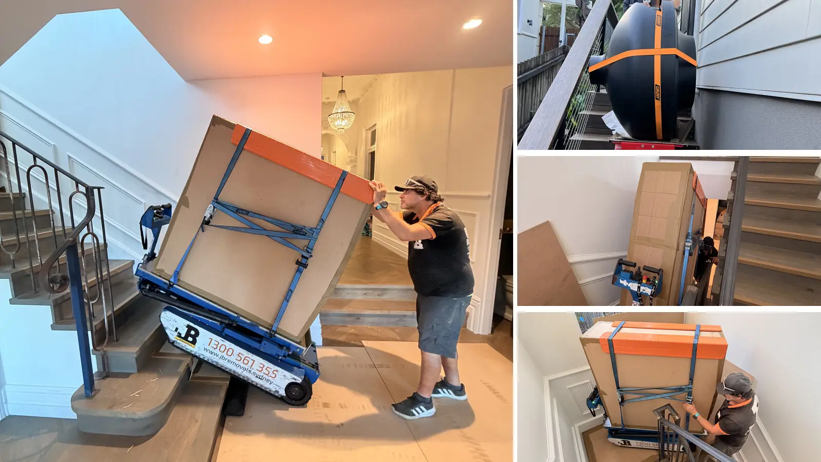 JB Removals operator moving large furniture safely up stairs with a stair-climbing machine