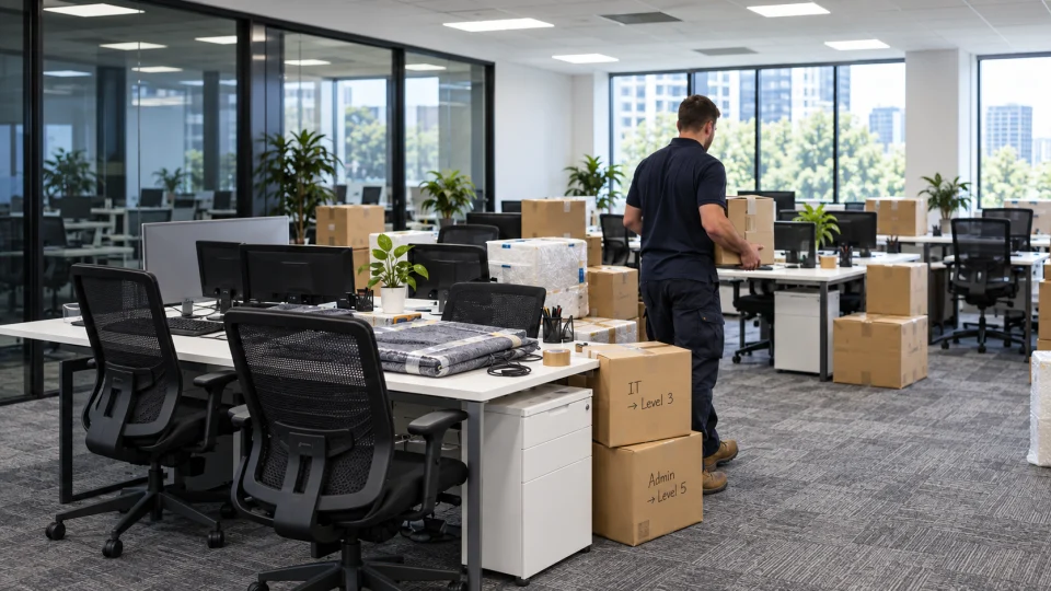 Office packing concept with desks, moving boxes and a removal worker