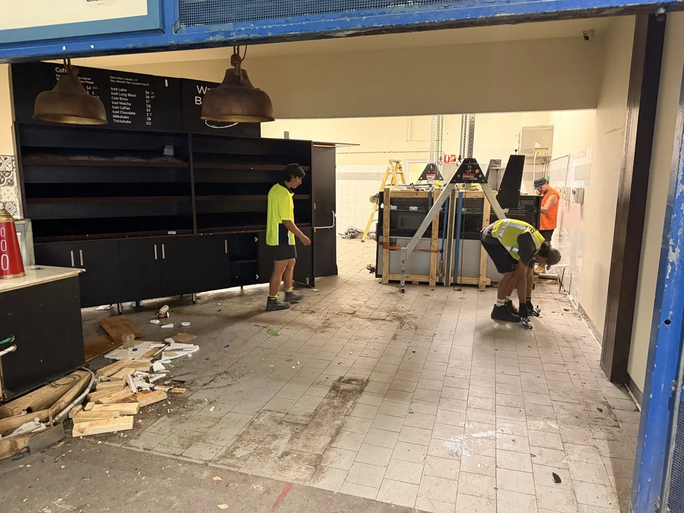 JB crew with the supported pizza oven inside the old Fish Market premises