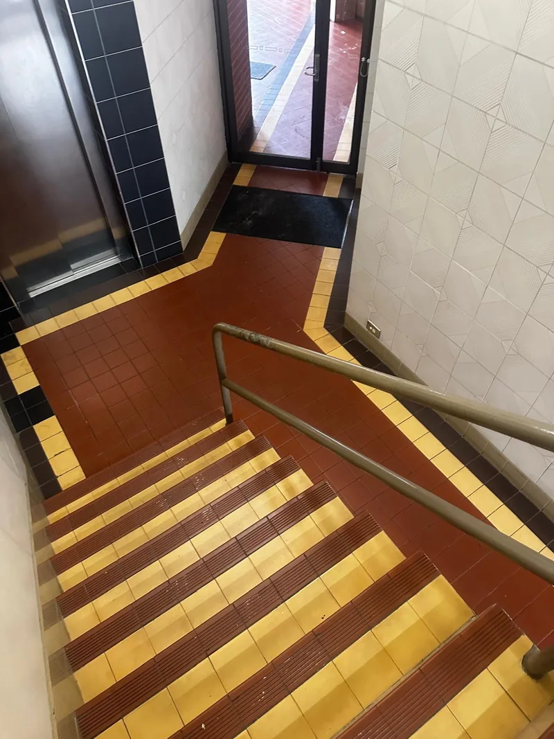 Tiled stairs leading to a doorway and landing on the Sydney safe-moving route