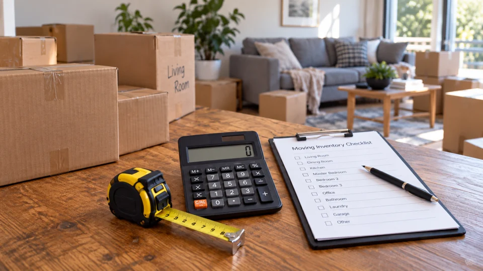 Moving boxes, calculator, tape measure and inventory checklist in a living room